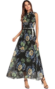 SZ60150 High-Necked Long Bohemian Dresses Casual Loose Floral Printed Maxi Dress